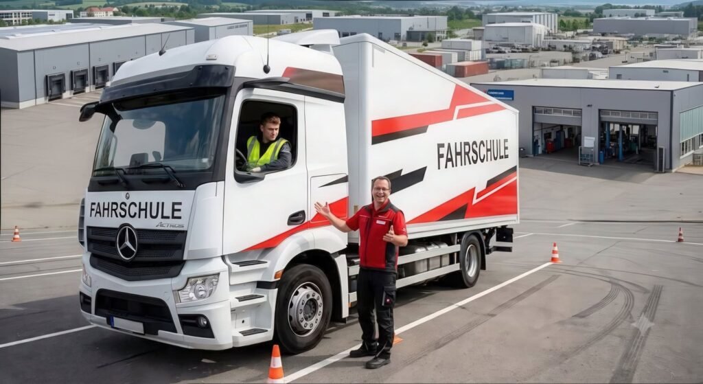 Driving instructor next to a truck (LKW) for Class C/CE training at in7days driving school